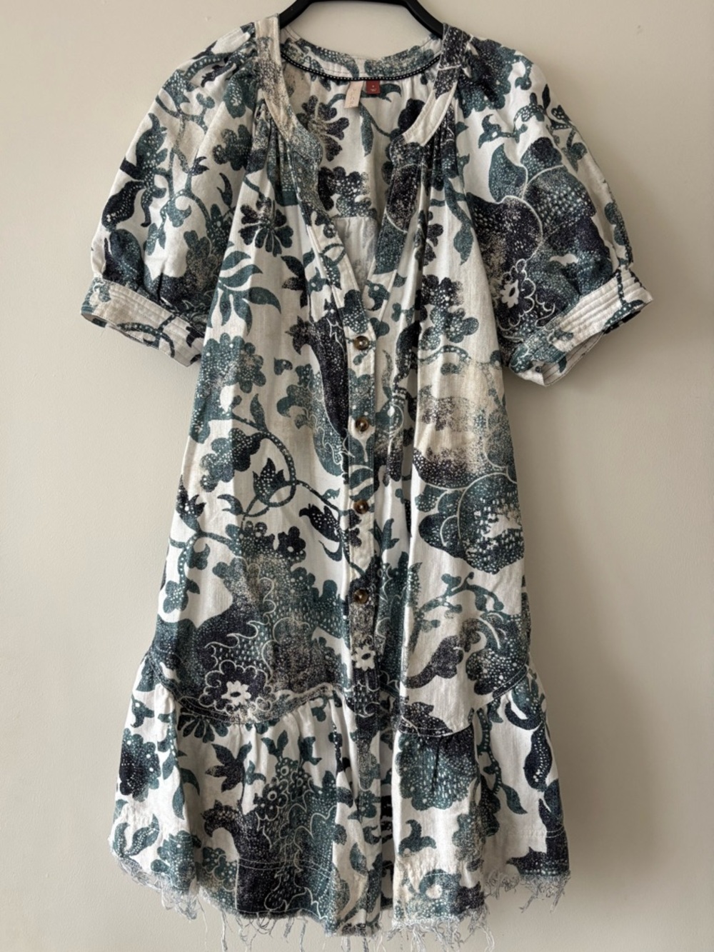Anthropologie Pilcro Floral Linen Button Front Mini Dress Raw Hem